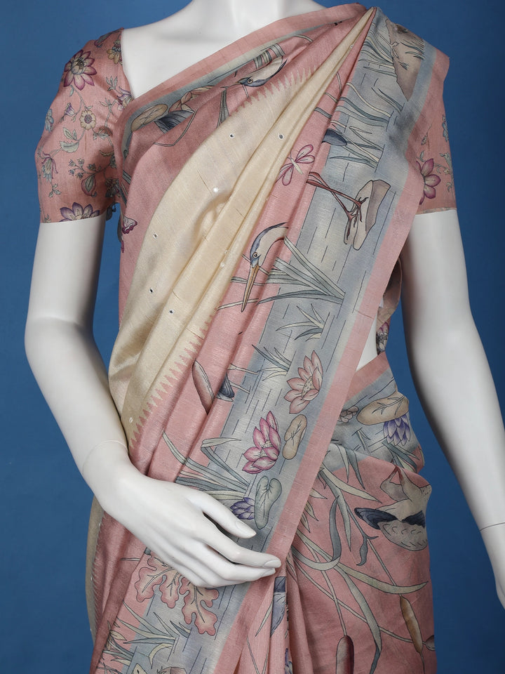 Pale Yellow Floral Designed Semi Tussar Saree - Diadem