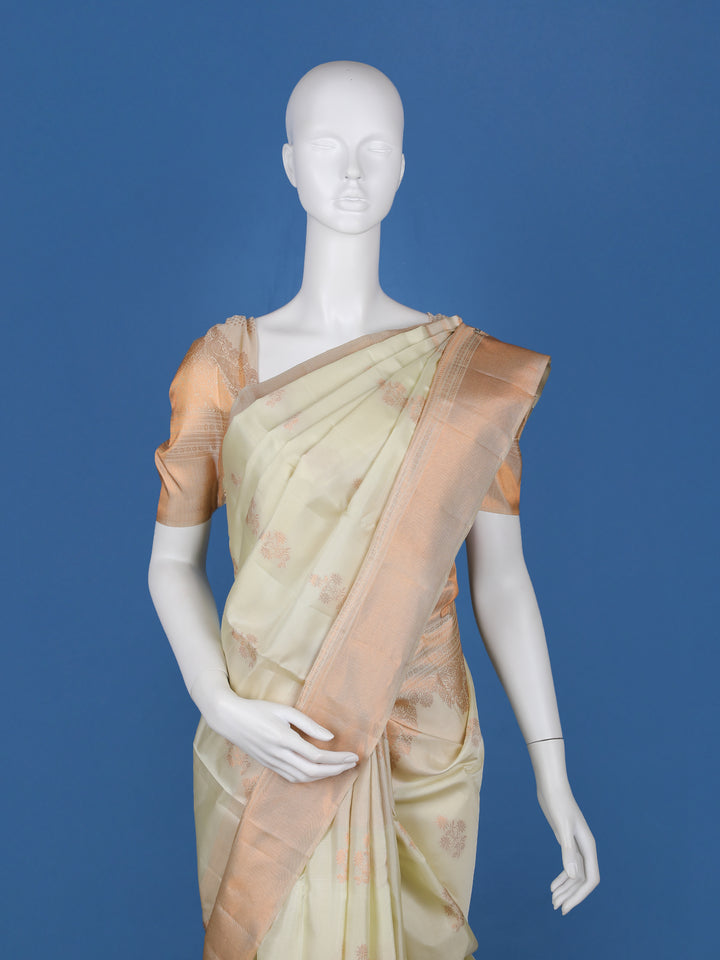 Pale Yellow Floral Woven Pure Kanchipuram Silk Saree - Diadem
