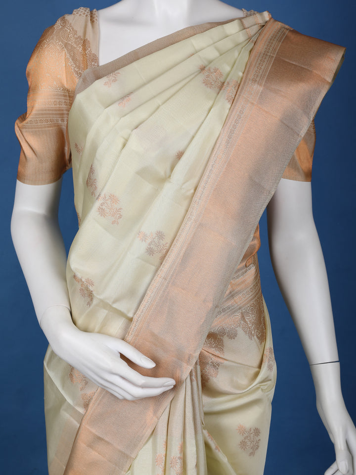 Pale Yellow Floral Woven Pure Kanchipuram Silk Saree - Diadem
