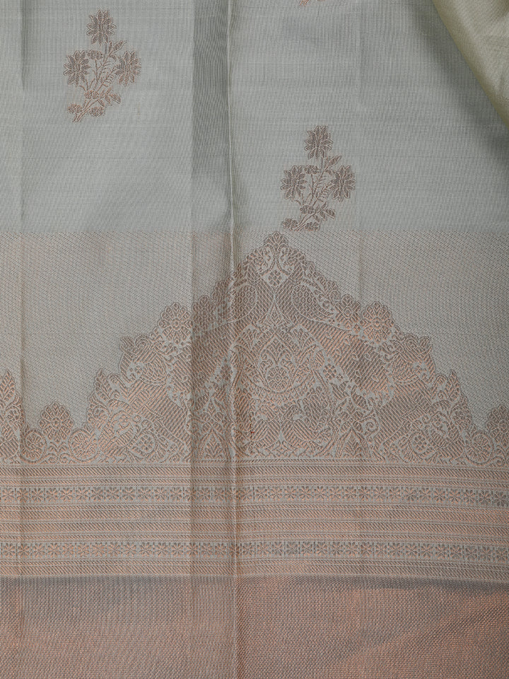 Pale Yellow Floral Woven Pure Kanchipuram Silk Saree - Diadem