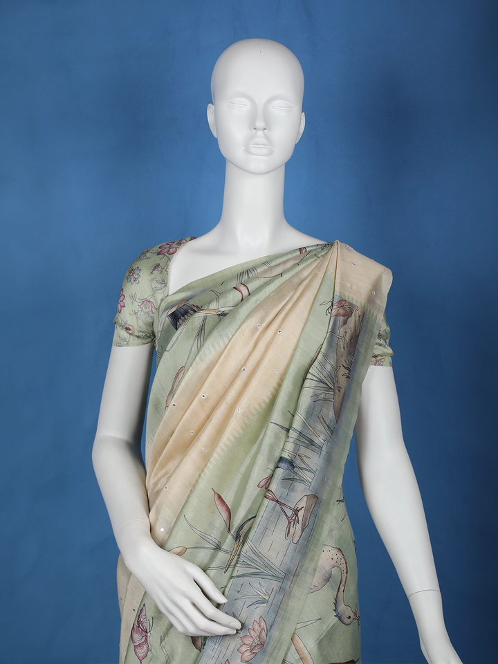 Pale Yellow Floral Designed Semi Tussar Saree - Diadem