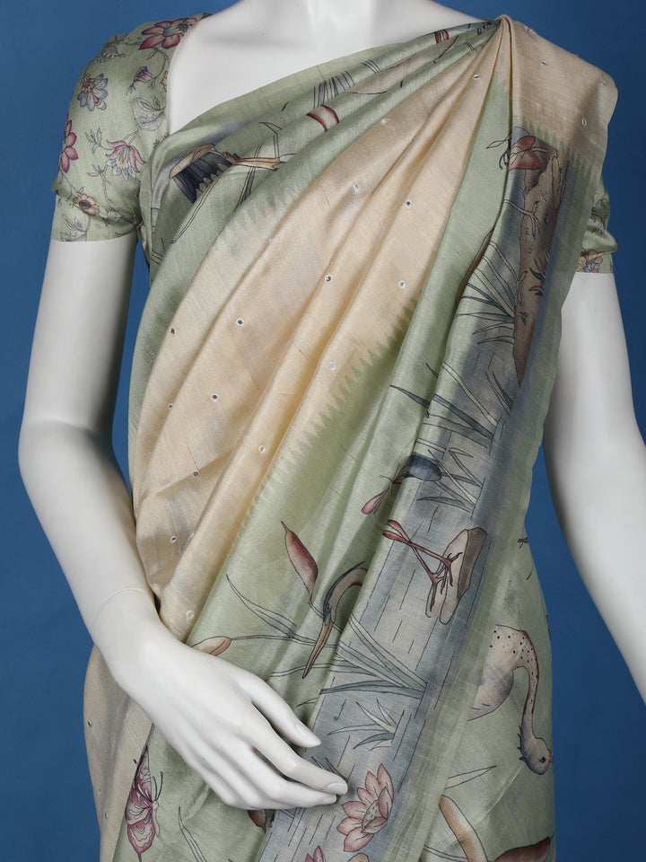 Pale Yellow Floral Designed Semi Tussar Saree - Diadem