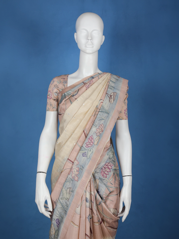 Pale Yellow Floral Designed Semi Tussar Saree - Diadem