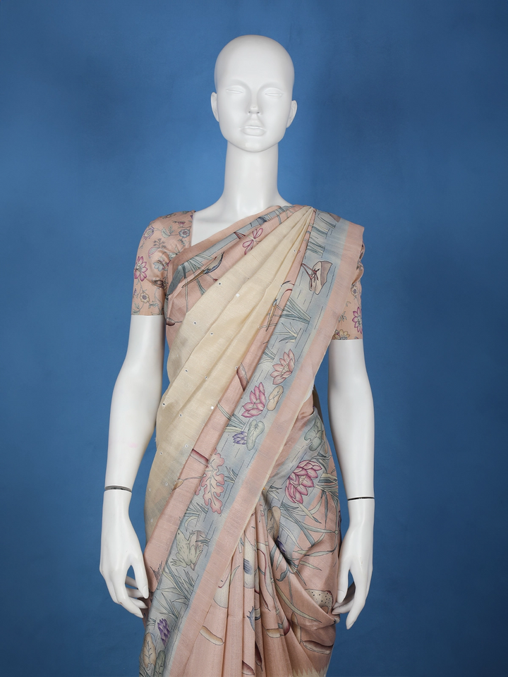 Pale Yellow Floral Designed Semi Tussar Saree - Diadem