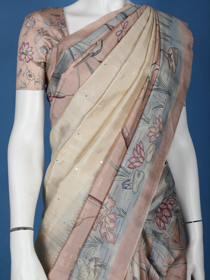 Pale Yellow Floral Designed Semi Tussar Saree - Diadem