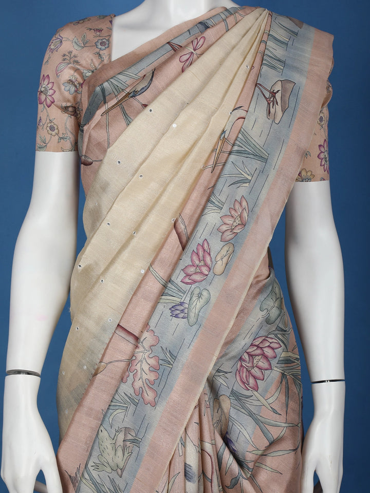 Pale Yellow Floral Designed Semi Tussar Saree - Diadem