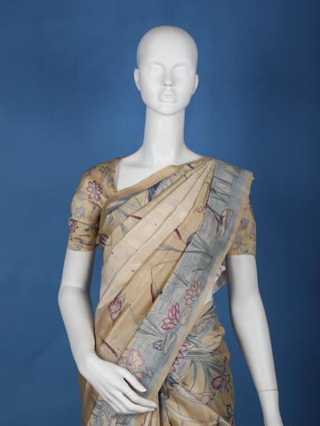 Pale Yellow Floral Designed Semi Tussar Saree - Diadem