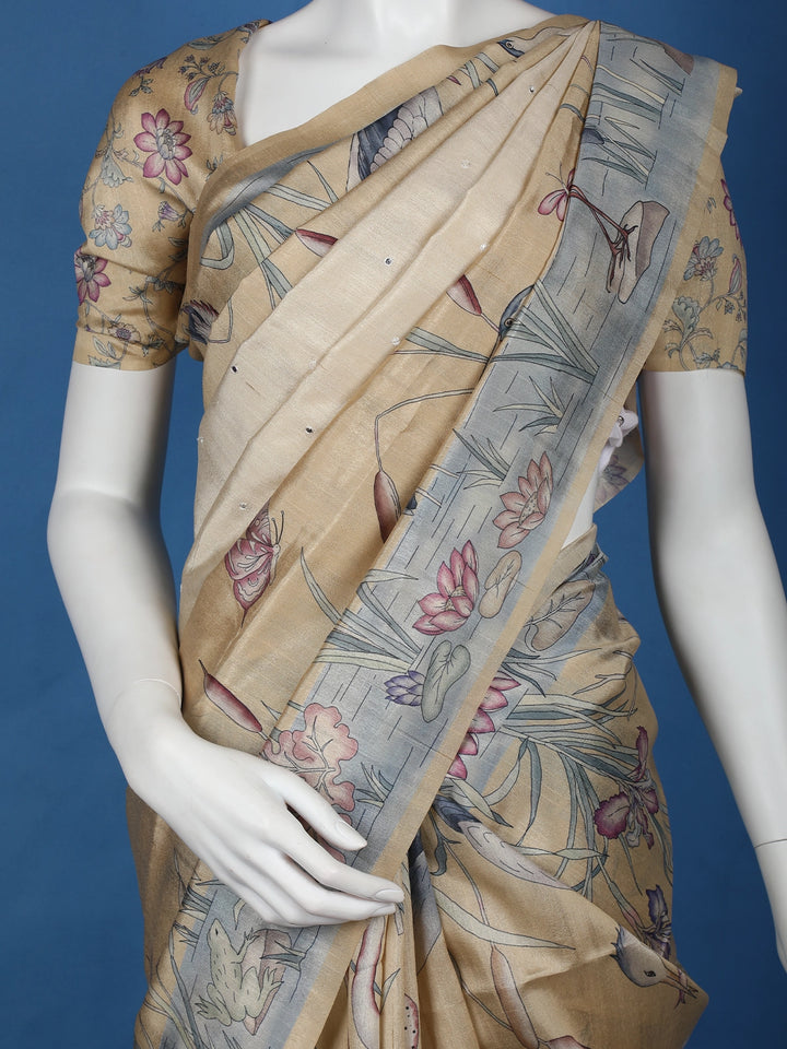 Pale Yellow Floral Designed Semi Tussar Saree - Diadem