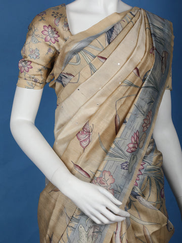 Pale Yellow Floral Designed Semi Tussar Saree - Diadem