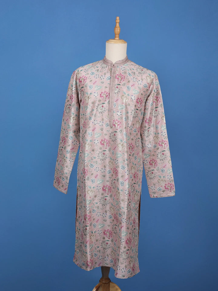 Pale Pink Floral Design Embroidery Design Silk Kurta Set For Men - Diadem
