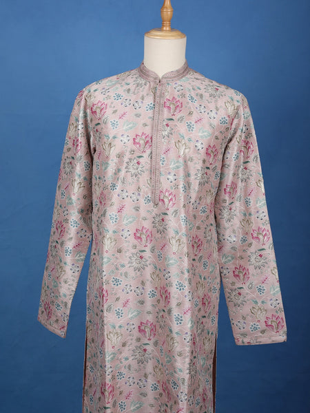 Pale Pink Floral Design Embroidery Design Silk Kurta Set For Men - Diadem