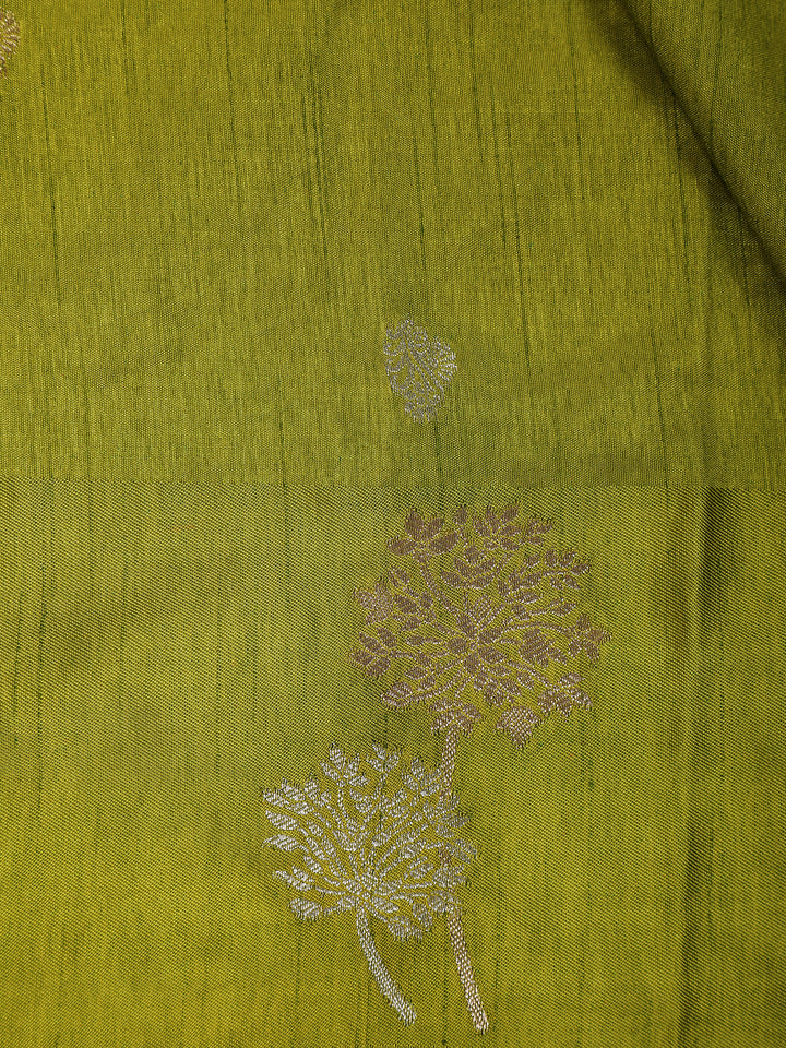 Parrot Green Floral Design Tussar Silk Saree - Diadem