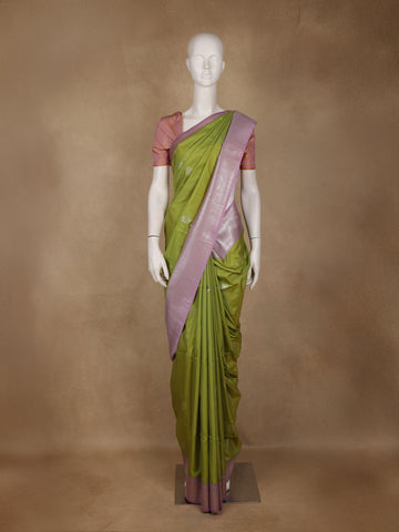Parrot Green Leaf Design Zari Woven Soft Silk Saree - Diadem