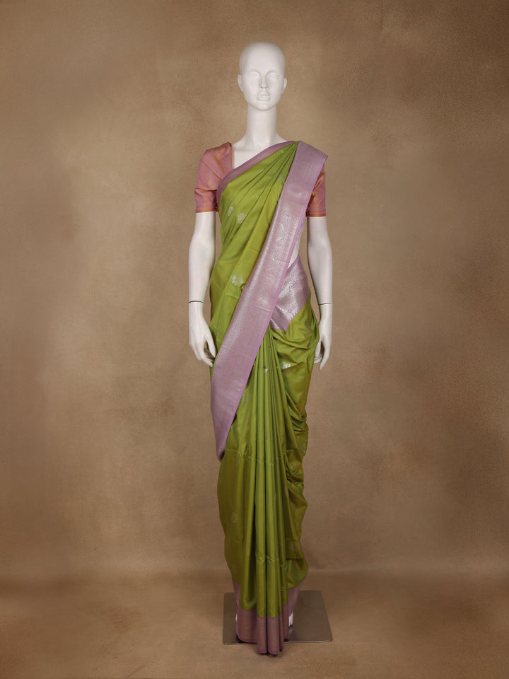 Parrot Green Leaf Design Zari Woven Soft Silk Saree - Diadem