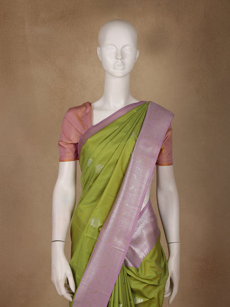 Parrot Green Leaf Design Zari Woven Soft Silk Saree - Diadem