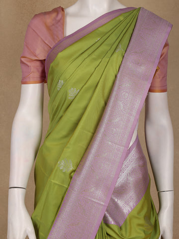 Parrot Green Leaf Design Zari Woven Soft Silk Saree - Diadem