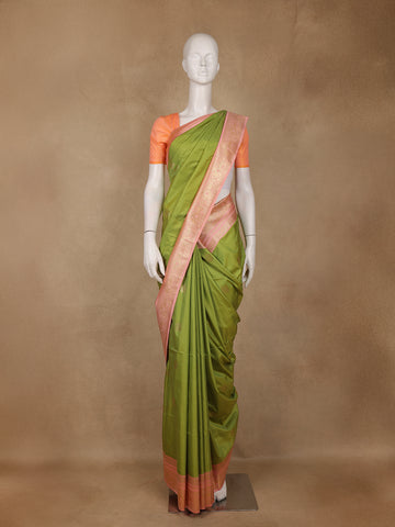 Parrot Green Peacock Motif Woven Soft Silk Saree With Peach Zari Border - Diadem