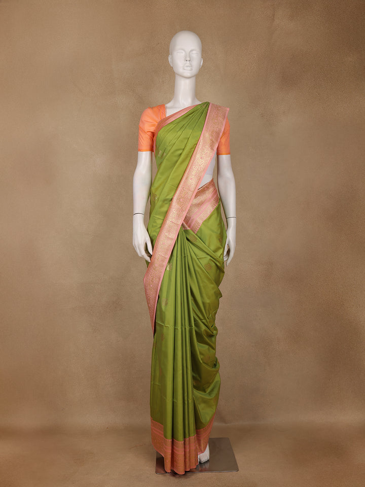 Parrot Green Peacock Motif Woven Soft Silk Saree With Peach Zari Border - Diadem
