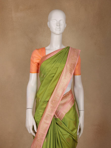 Parrot Green Peacock Motif Woven Soft Silk Saree With Peach Zari Border - Diadem