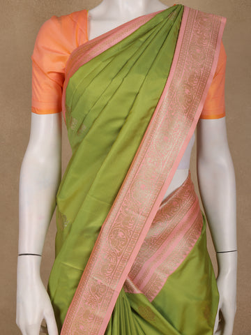 Parrot Green Peacock Motif Woven Soft Silk Saree With Peach Zari Border - Diadem