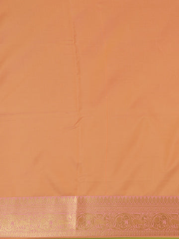 Parrot Green Peacock Motif Woven Soft Silk Saree With Peach Zari Border - Diadem