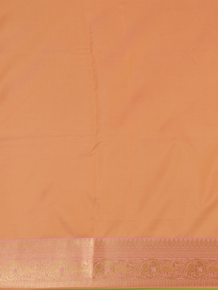 Parrot Green Peacock Motif Woven Soft Silk Saree With Peach Zari Border - Diadem