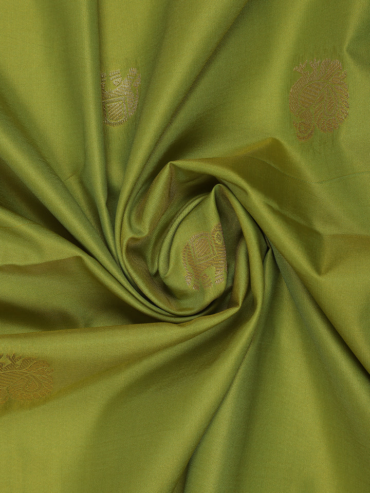 Parrot Green Peacock Motif Woven Soft Silk Saree With Peach Zari Border - Diadem