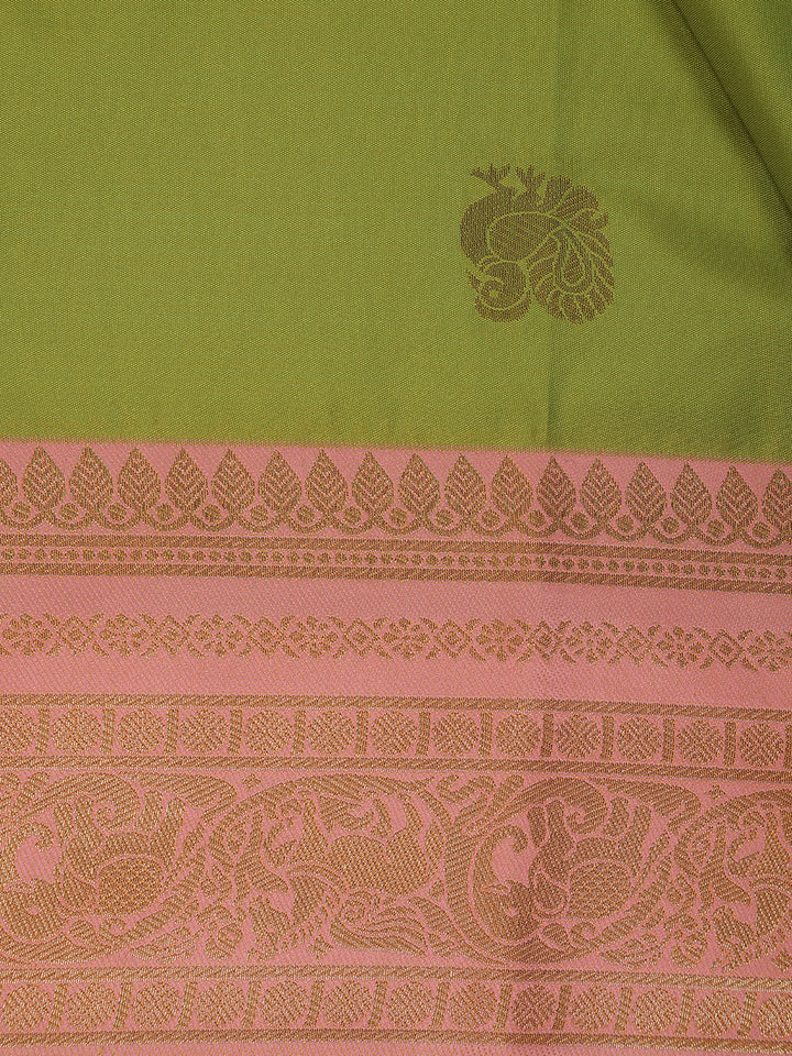 Parrot Green Peacock Motif Woven Soft Silk Saree With Peach Zari Border - Diadem