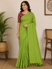 Parrot Green Solid Design Cotton Casual Wear Saree with Kalamkari Blouse