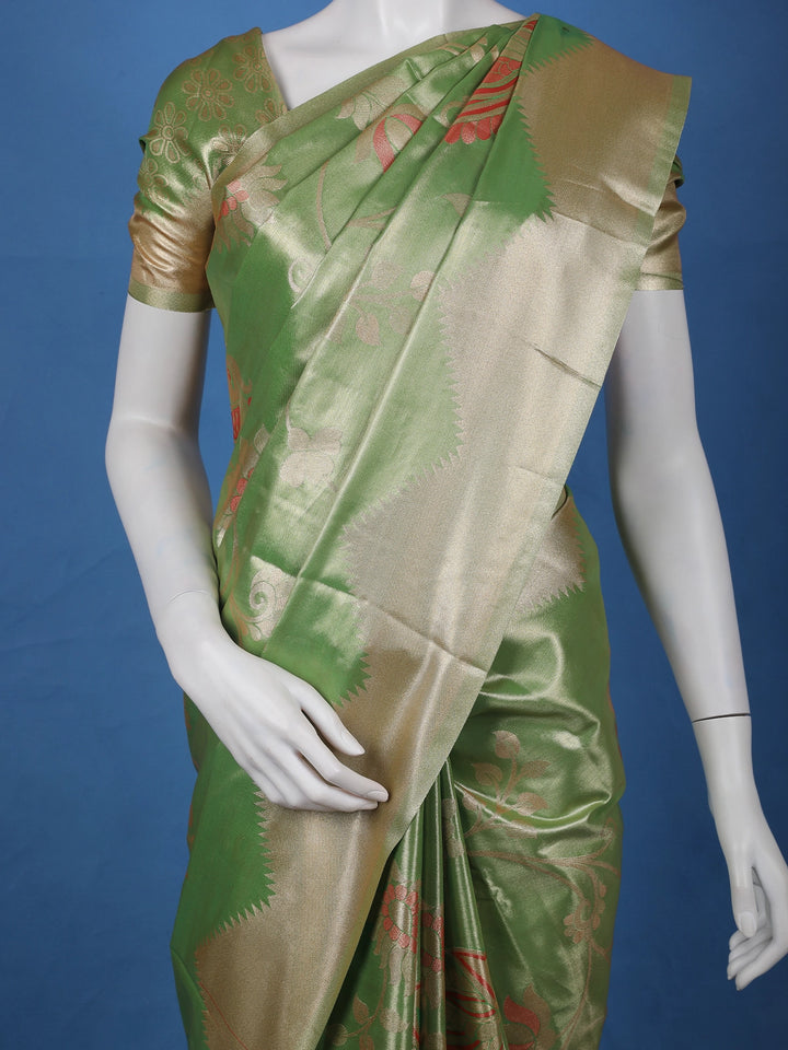 Parrot Green floral Design Tissue Saree - Diadem