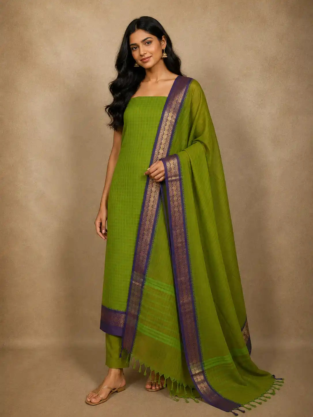 Parrot Green Checked Woven Design Pure Cotton Unstitched Salwar Material with Dupatta