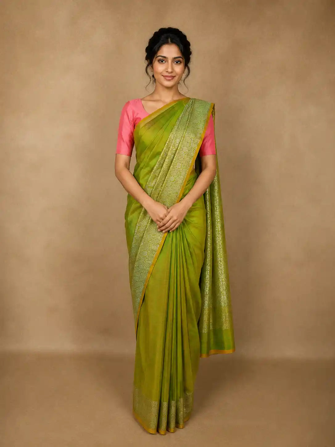 Parrot Green Floral Butta Zari Woven Design Pure Kanchipuram Silk Saree with Floral Border