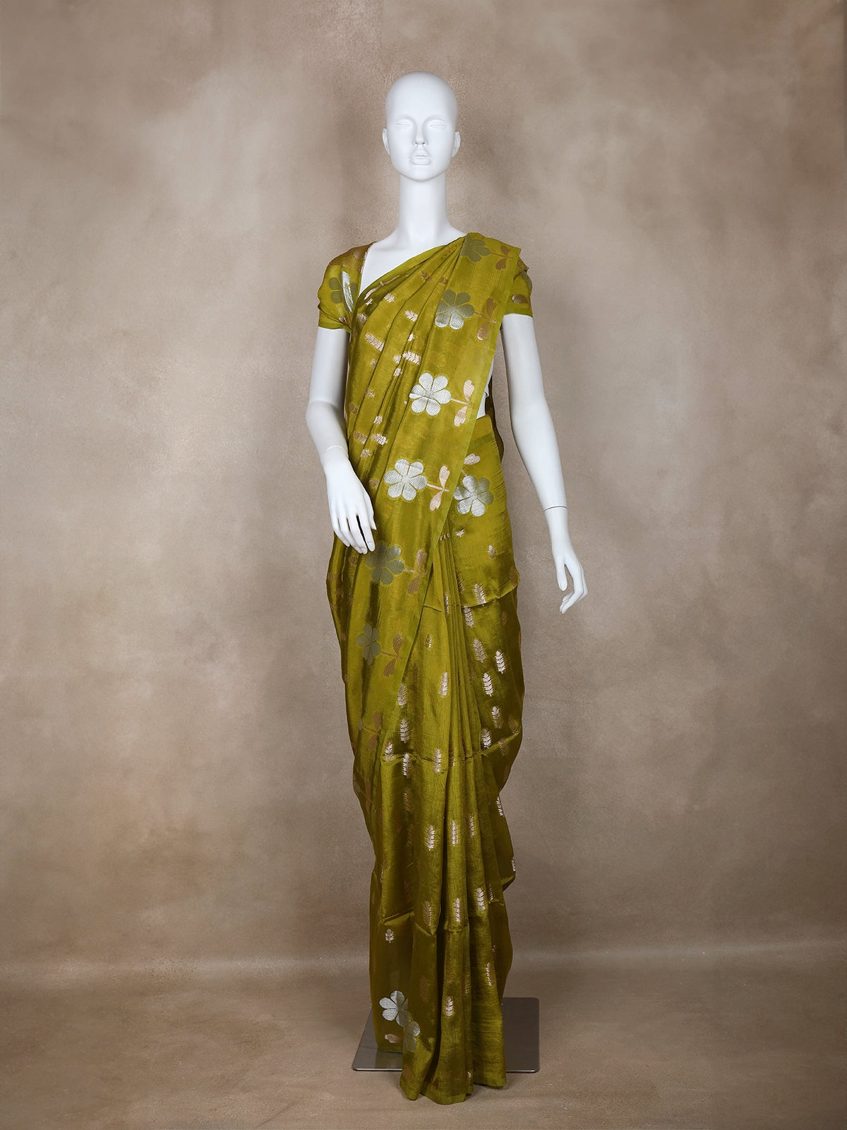 Parrot Green Floral Designed Semi Silk Fancy Saree