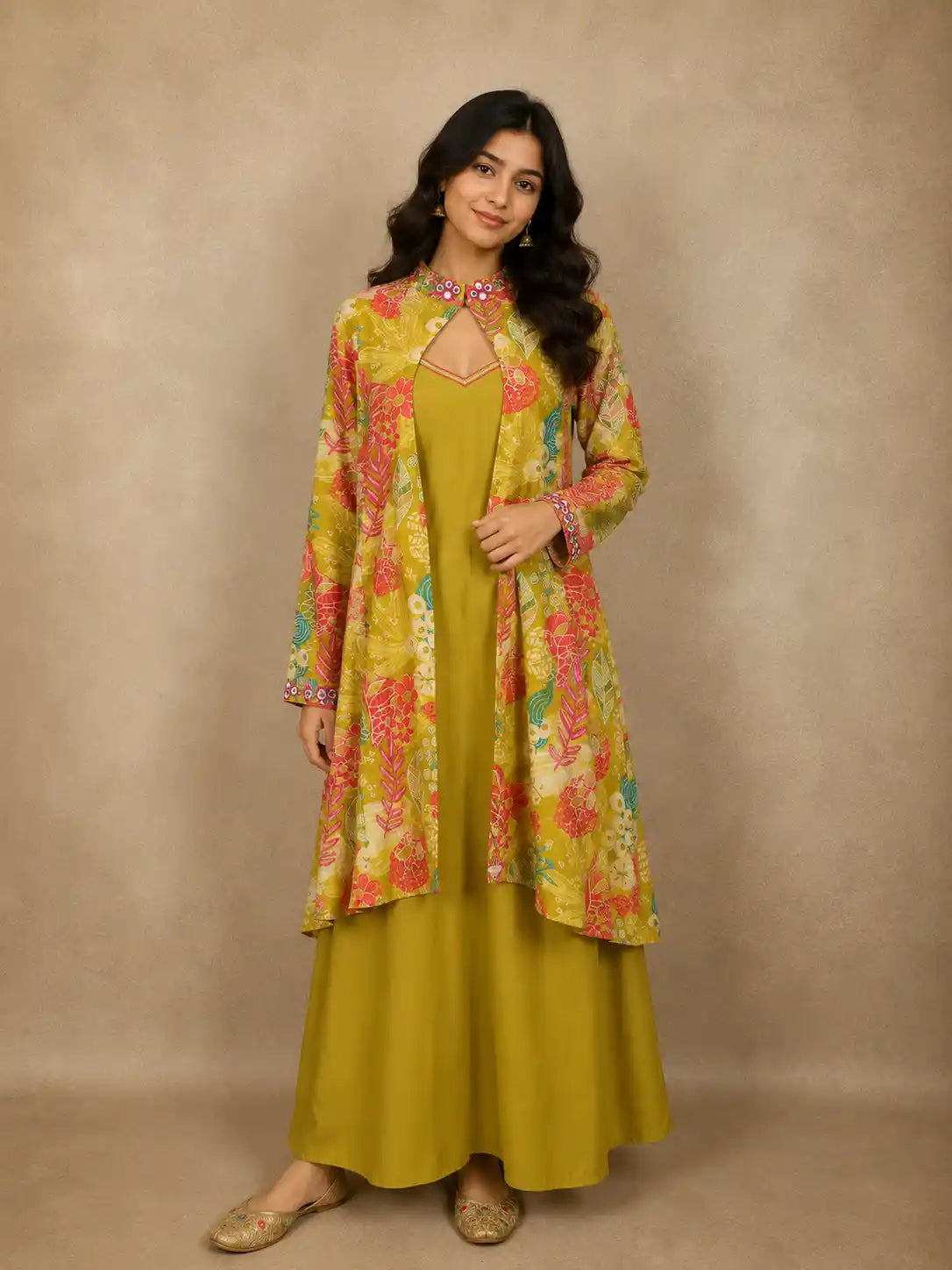 Parrot Green Floral Printed Design Cotton Plazzo Suit with Jacket