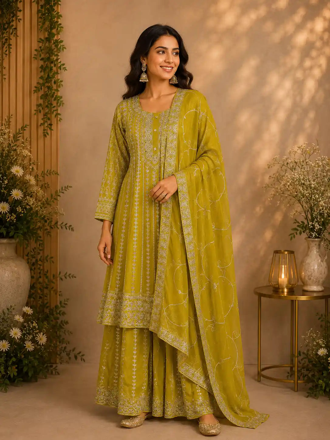 Parrot Green Floral Sequins and Thread Embroidered Design Georgette Palazzo Suit with Dupatta