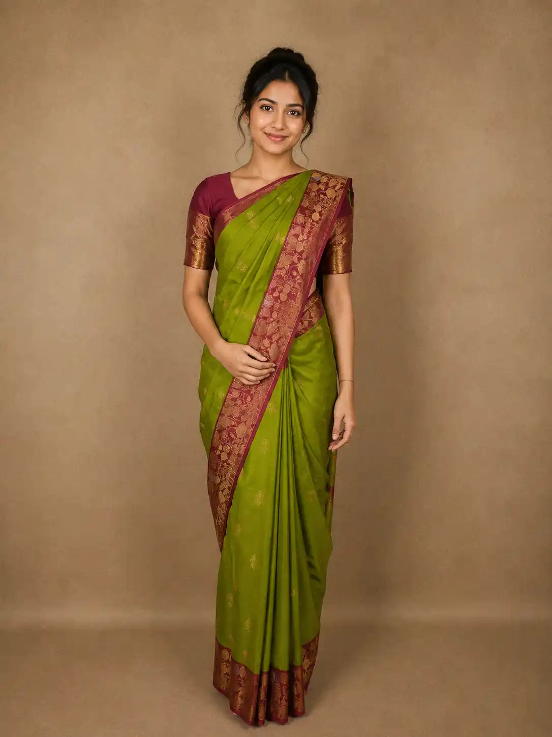 Parrot Green Floral Woven Design Pure Kanchipuram Silk Saree with Contrast Floral Zari Border
