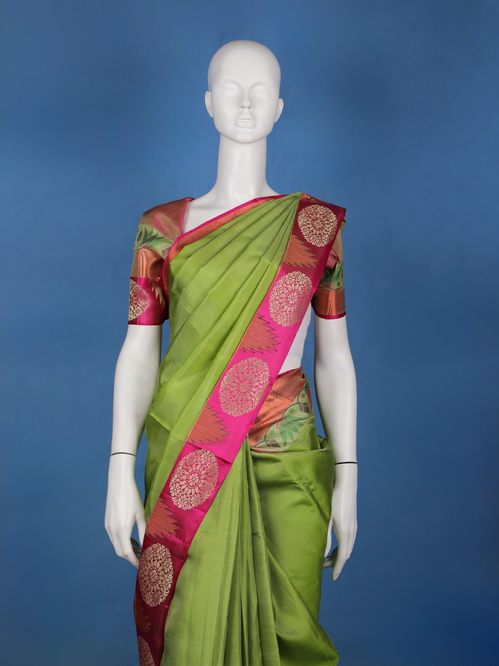 Parrot Green Solid Design Round Motif Zari Border Silk Saree - Diadem