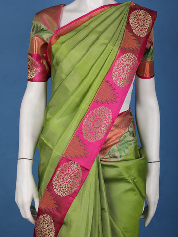 Parrot Green Solid Design Round Motif Zari Border Silk Saree - Diadem