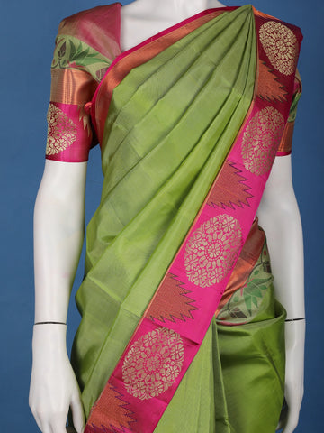Parrot Green Solid Design Round Motif Zari Border Silk Saree - Diadem