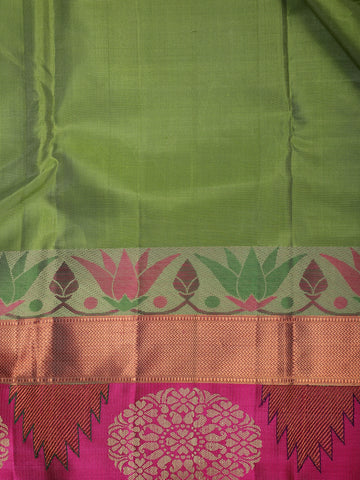Parrot Green Solid Design Round Motif Zari Border Silk Saree - Diadem