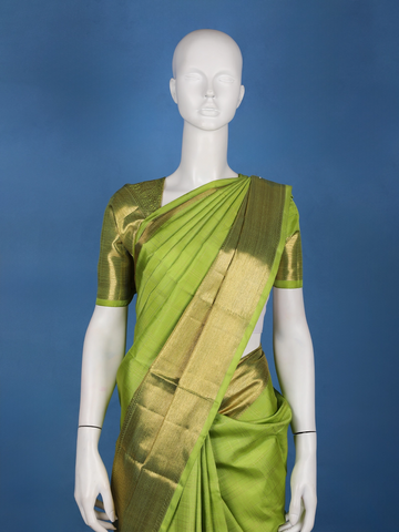 Parrot Green Solid Design Zari Border Silk Saree - Diadem