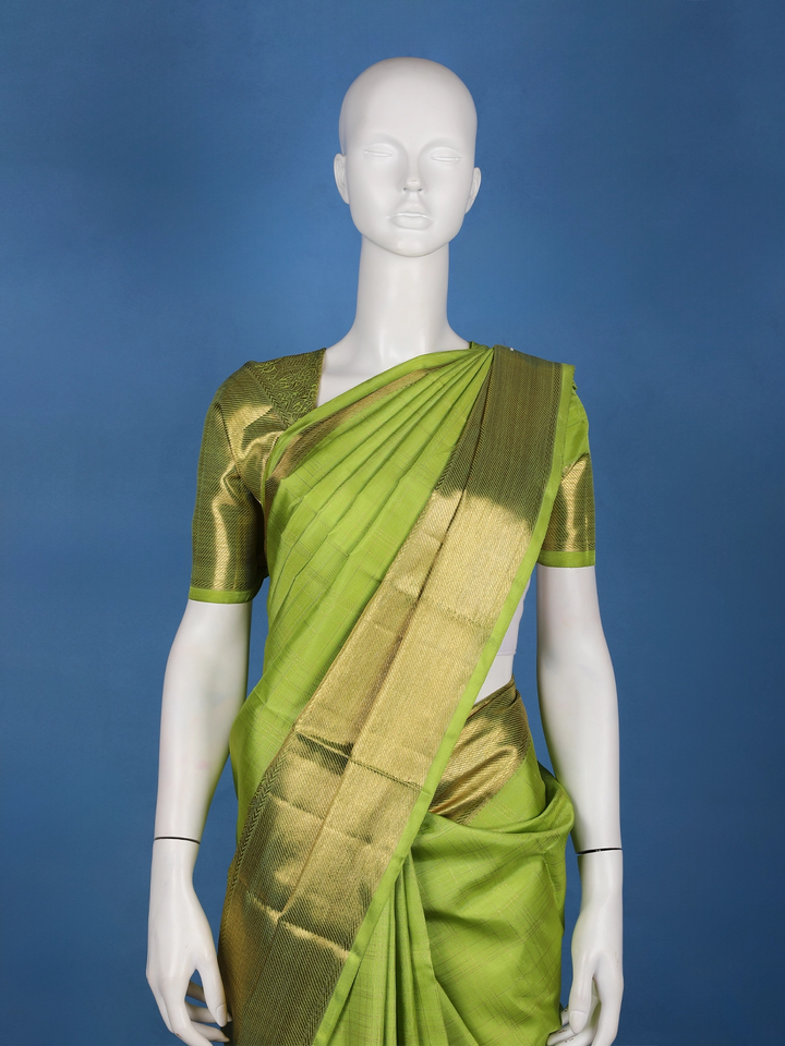 Parrot Green Solid Design Zari Border Silk Saree - Diadem