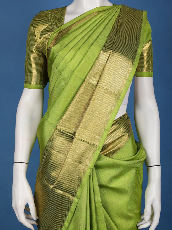 Parrot Green Solid Design Zari Border Silk Saree - Diadem
