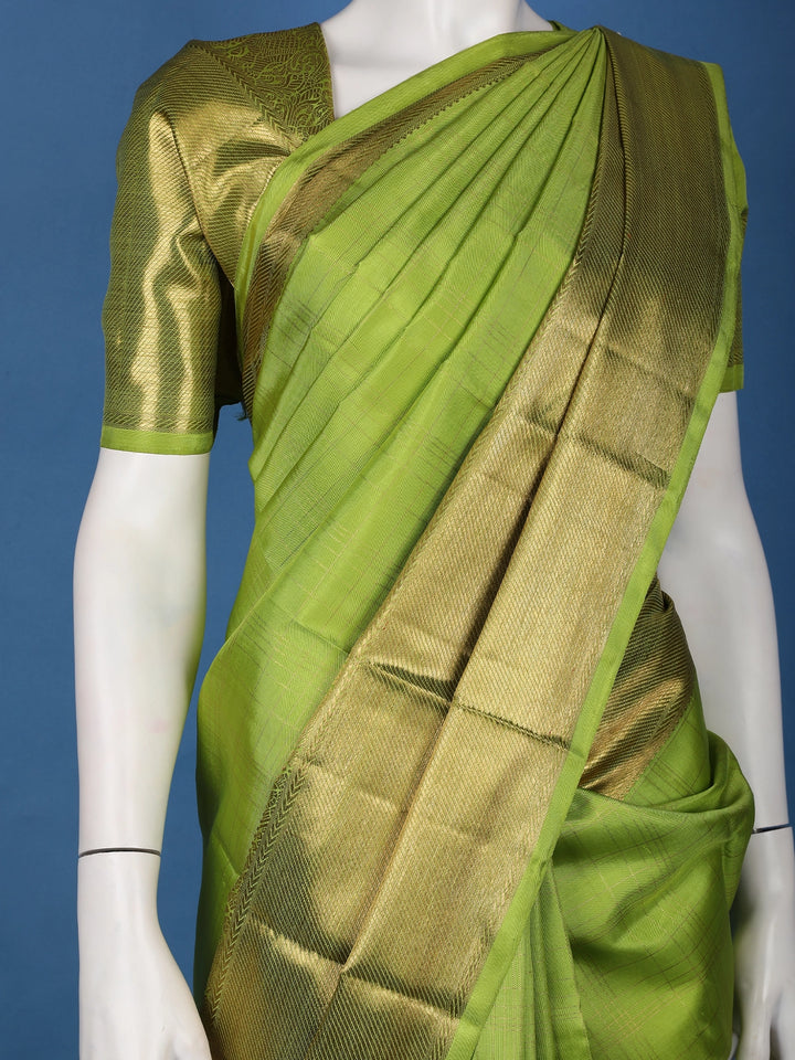 Parrot Green Solid Design Zari Border Silk Saree - Diadem
