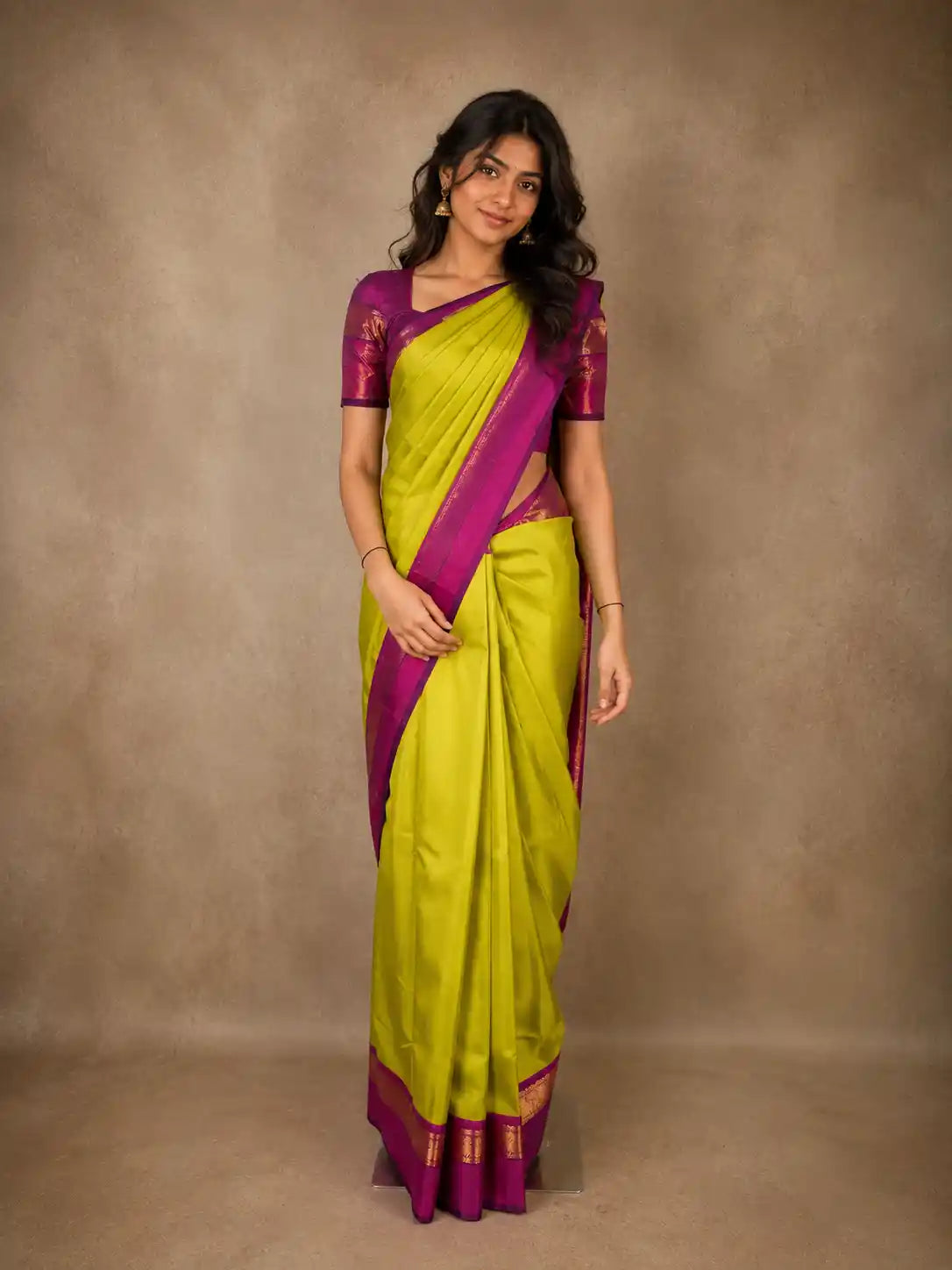 Parrot Green Solid Woven Design Pure Kanchipuram Silk Saree with Contrast Purple Border