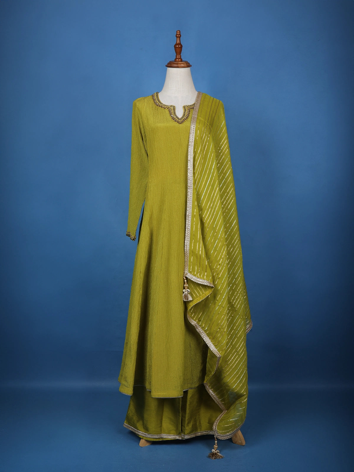 Parrot Green Solid Zardosi Worked Semi Silk Salwar Suit - Diadem