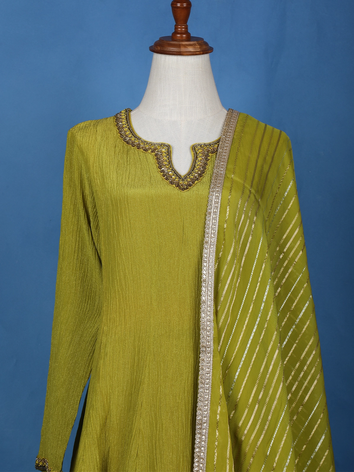 Parrot Green Solid Zardosi Worked Semi Silk Salwar Suit - Diadem