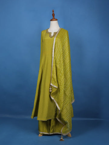 Parrot Green Solid Zardosi Worked Semi Silk Salwar Suit - Diadem