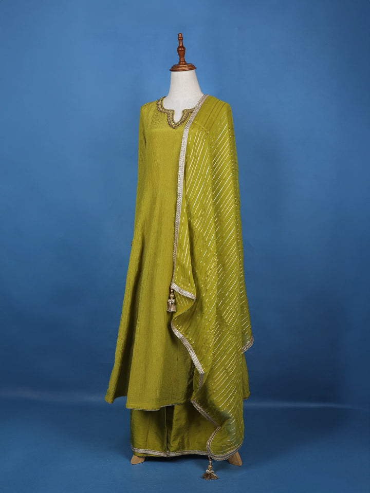 Parrot Green Solid Zardosi Worked Semi Silk Salwar Suit - Diadem