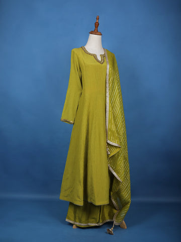 Parrot Green Solid Zardosi Worked Semi Silk Salwar Suit - Diadem